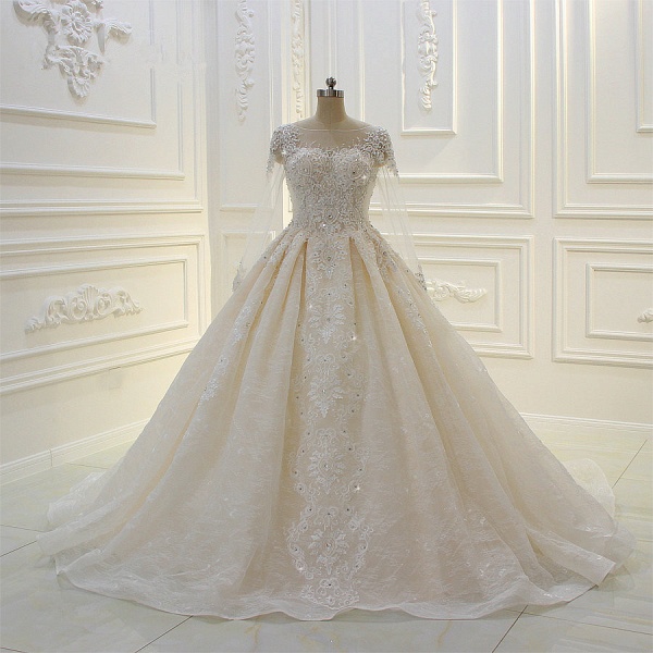 Long Sleeve Beading Bateau Appliques Lace Ball Gown Wedding Dress_2