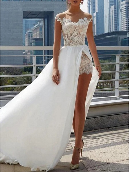 A-Line Wedding Dresses Off Shoulder Sweep \ Brush Train Lace Satin Cap Sleeve Formal Boho Plus Size_2