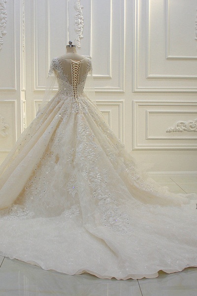 Long Sleeve Beading Bateau Appliques Lace Ball Gown Wedding Dress_5