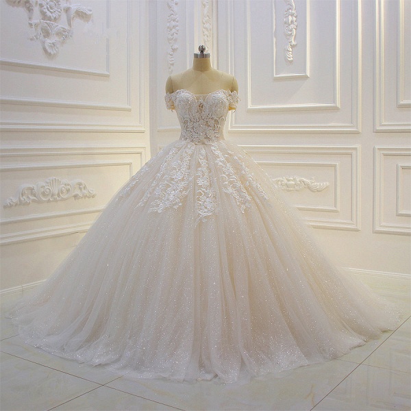 Off the Shoulder Sweetheart Ball Gown Sequin Appliques Lace Wedding Dress_2