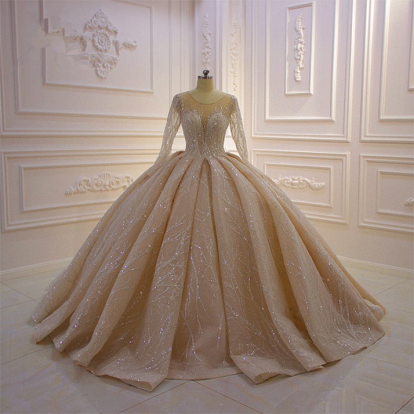 Gorgeous Bateau Crystal Long Sleeve Ruffles Floor-length Ball Gown Wedding Dress_2