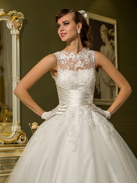 A-Line Wedding Dresses High Neck Ankle Length Lace Over Tulle Regular Straps Vintage Little White Dress Illusion Detail_5