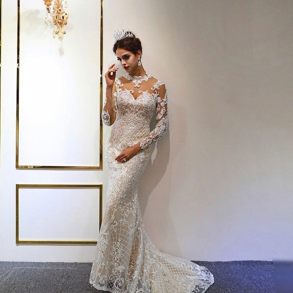 Gorgeous A-Line Sweetheart Long Sleeve Appliques Lace Floor-length Wedding Dress_4