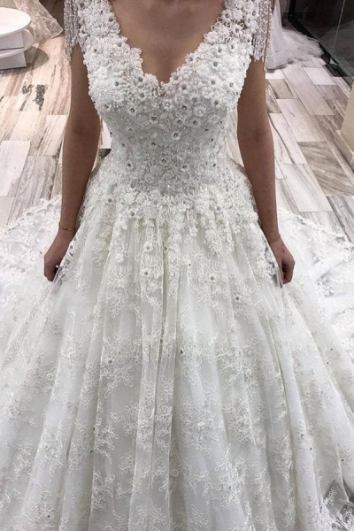 Classy A-Line Deep V-neck Appliques Lace Crystal Floor-length Wedding Dress_1