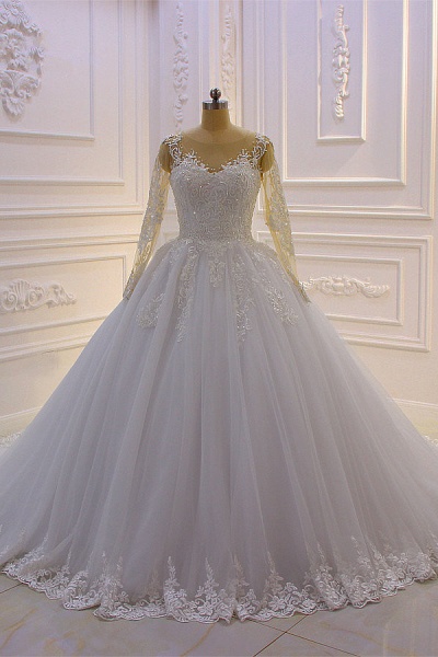 Gorgeous Bateau Long Sleeve Pearl Tulle Appliques Lace A-Line Wedding Dress_1