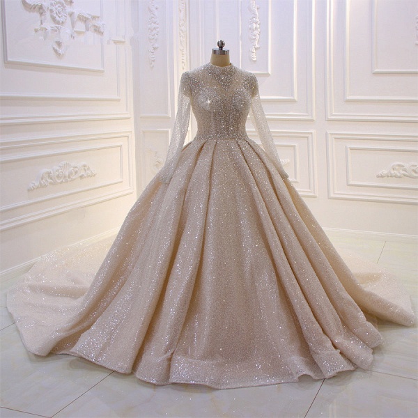 Gorgeous High-neck Long Sleeves Sequin Satin Ball Gown Wedding Dress_4