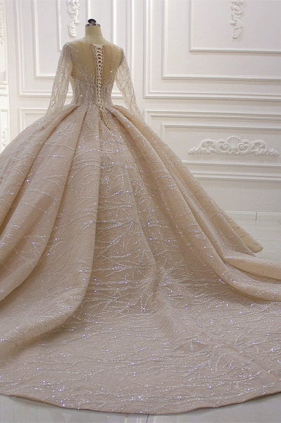 Gorgeous Bateau Crystal Long Sleeve Ruffles Floor-length Ball Gown Wedding Dress_7