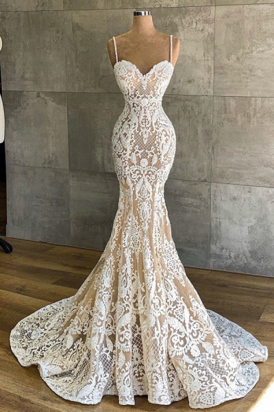 Sexy Sweetheart Spaghetti Straps Appliques Lace Floor-length Mermaid Wedding Dress_1