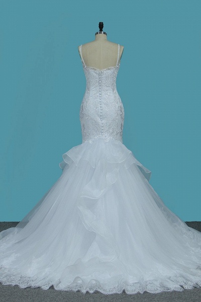 Spaghetti-Träger Rückenfreies bodenlanges Meerjungfrau-Hochzeitskleid aus Spitze mit Tüll_2