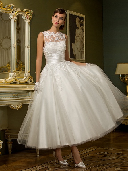 A-Line Wedding Dresses High Neck Ankle Length Lace Over Tulle Regular Straps Vintage Little White Dress Illusion Detail_1