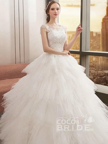 O Neck Appliques Bridal Gown Bohemian Long Lace Up Wedding Dress_3
