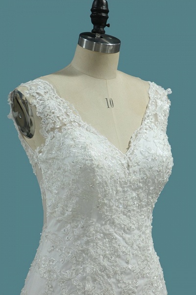 Wide Straps V-neck Appliques Lace Floor-length Mermaid Wedding Dress_2