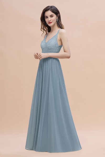 A-Line Ruched Bridesmaid Dress V-Neck Lace Chiffon Floor-length Evening Dress_5
