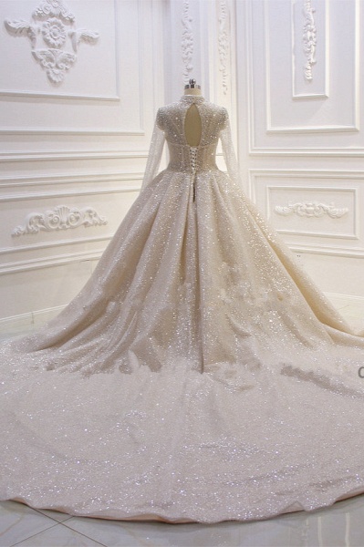 Gorgeous High-neck Long Sleeves Sequin Satin Ball Gown Wedding Dress_5