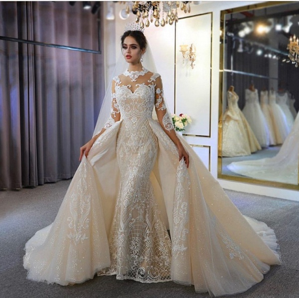 Gorgeous A-Line Sweetheart Long Sleeve Appliques Lace Floor-length Wedding Dress_2