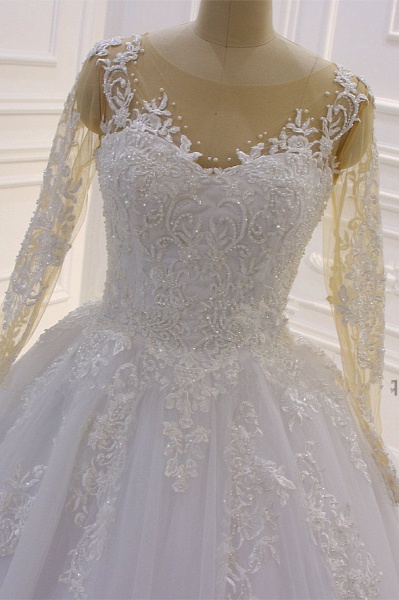 Gorgeous Bateau Long Sleeve Pearl Tulle Appliques Lace A-Line Wedding Dress_3