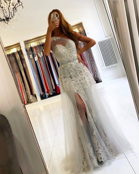 Elegant Long Mermaid One shoulder Tulle Prom Dress with Slit_3