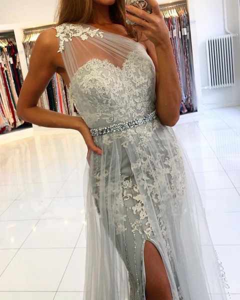 Elegant Long Mermaid One shoulder Tulle Prom Dress with Slit_4