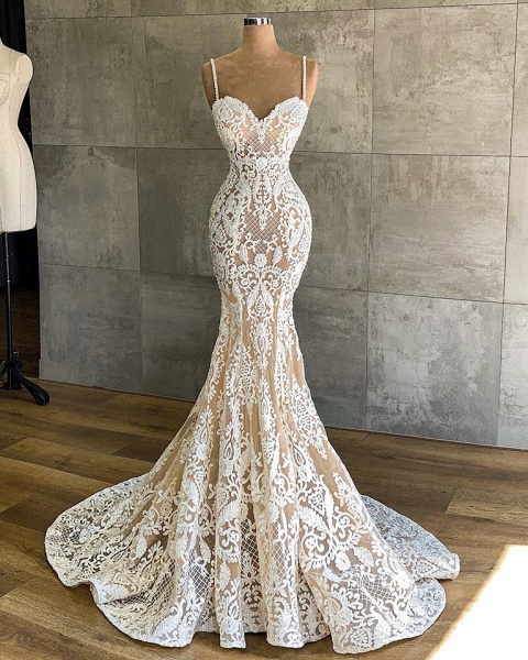 Sexy Sweetheart Spaghetti Straps Appliques Lace Floor-length Mermaid Wedding Dress_2