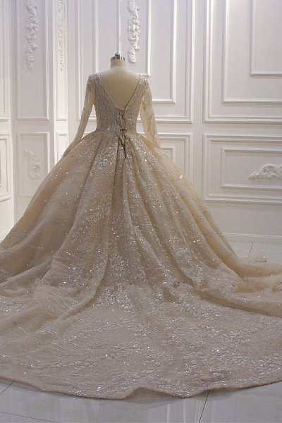 Glamorous Long Sleeve V-neck Sequin Beading Ruffles Ball Gown Wedding Dress_5