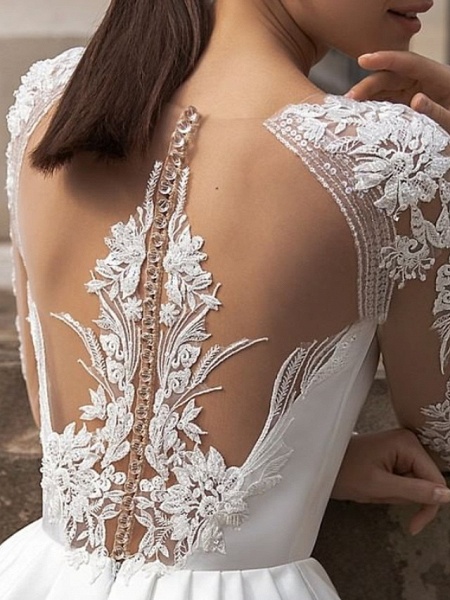 A-Line Wedding Dresses Jewel Neck Sweep \ Brush Train Lace Satin Long Sleeve Simple Sexy See-Through_2