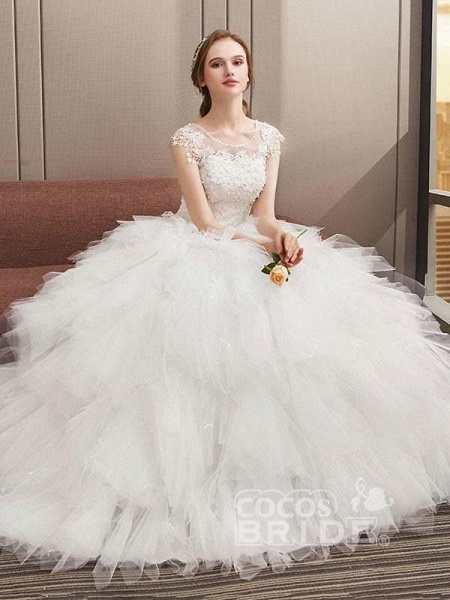 O Neck Appliques Bridal Gown Bohemian Long Lace Up Wedding Dress_4