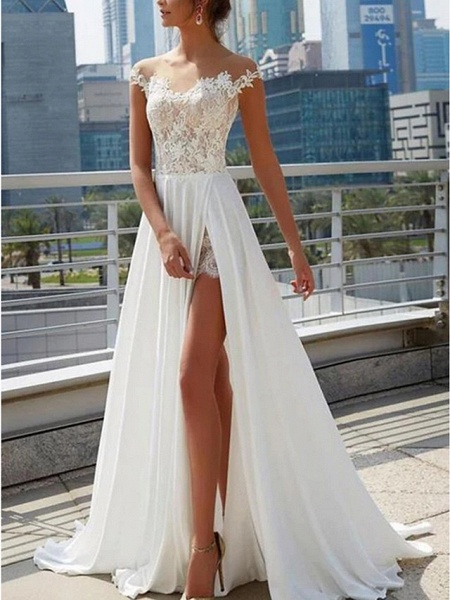 A-Line Wedding Dresses Off Shoulder Sweep \ Brush Train Lace Satin Cap Sleeve Formal Boho Plus Size_1