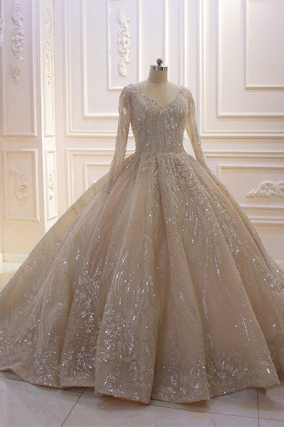 Glamorous Long Sleeve V-neck Sequin Beading Ruffles Ball Gown Wedding Dress_1