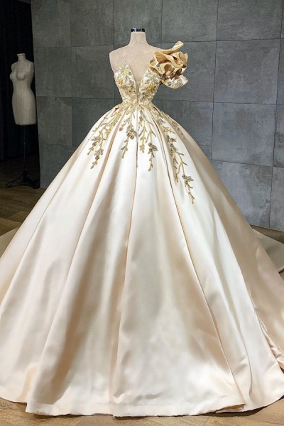 Classy A-Line Sweetheart Crystal Satin Ruffles Floor-length Wedding Dress_1