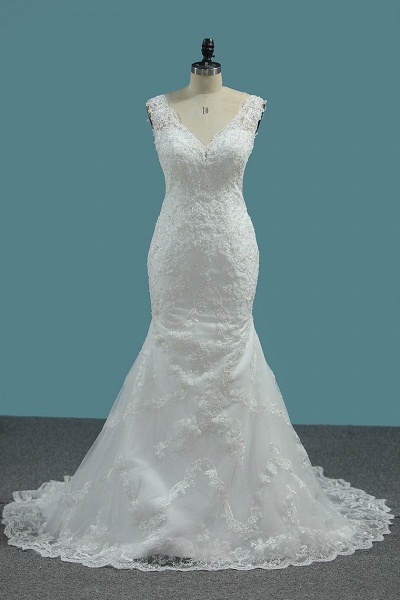 Wide Straps V-neck Appliques Lace Floor-length Mermaid Wedding Dress_1
