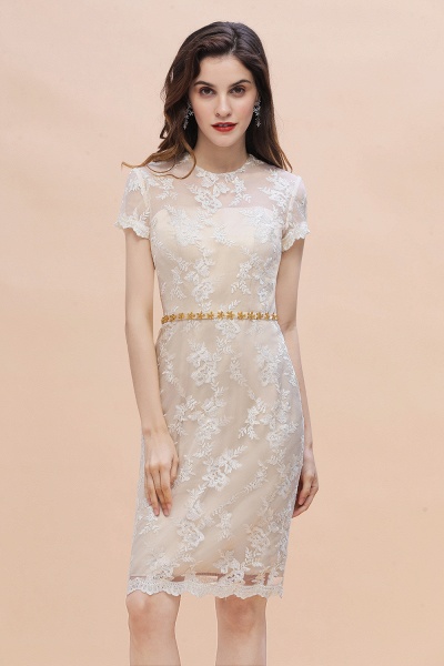 Tulle Lace Beads Belt Short Sleeves Mother of Bride Dress