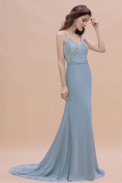 Simple V-neck Lace Chiffon Open Back Floor-length Mermaid Bridesmaid Dress_8