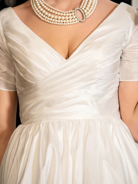 A-Linie Brautkleider V-Ausschnitt Tee Länge Taft Kurzarm Vintage Kleines Weißes Kleid der 1950er Jahre_7