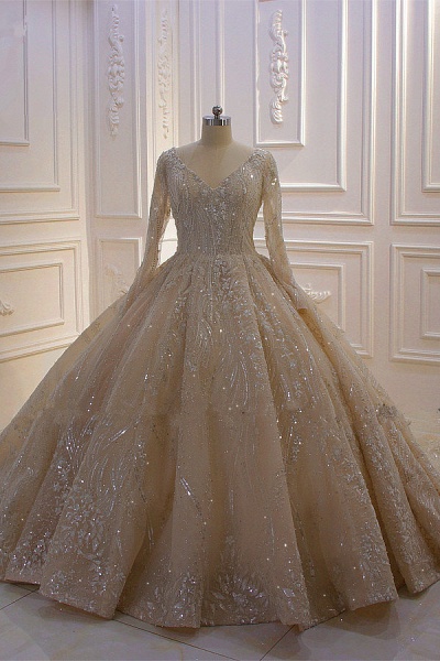 Glamorous Long Sleeve V-neck Sequin Beading Ruffles Ball Gown Wedding Dress_3