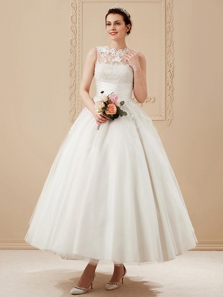 A-Linie Brautkleider Stehkragen Knöchellang Spitze über Tüll Regelmäßige Träger Vintage Kleines Weißes Kleid Illusionsdetail_9