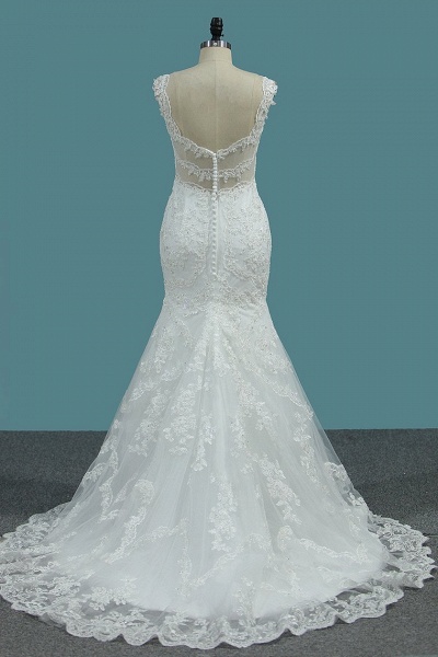 Wide Straps V-neck Appliques Lace Floor-length Mermaid Wedding Dress_3