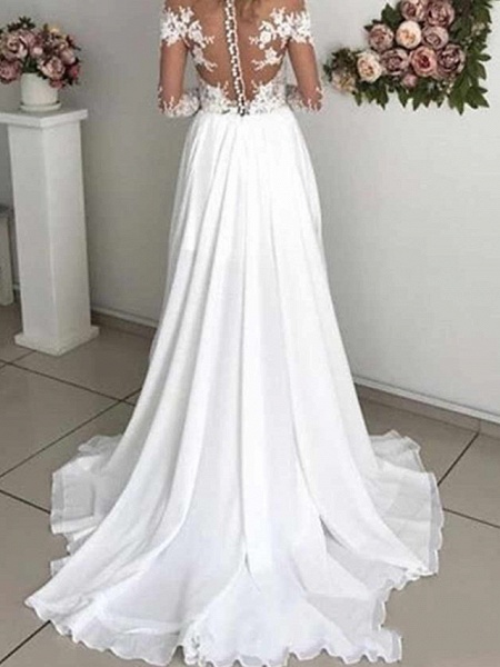 A-Line Wedding Dresses Off Shoulder Sweep \ Brush Train Chiffon Taffeta Stretch Satin Long Sleeve Country Sexy Plus Size_2