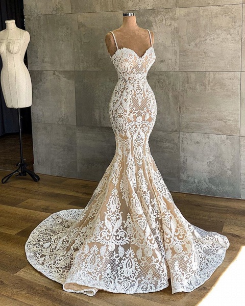 Sexy Sweetheart Spaghetti Straps Appliques Lace Floor-length Mermaid Wedding Dress_4