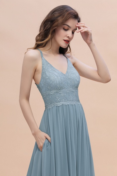 A-Line Ruched Bridesmaid Dress V-Neck Lace Chiffon Floor-length Evening Dress_8