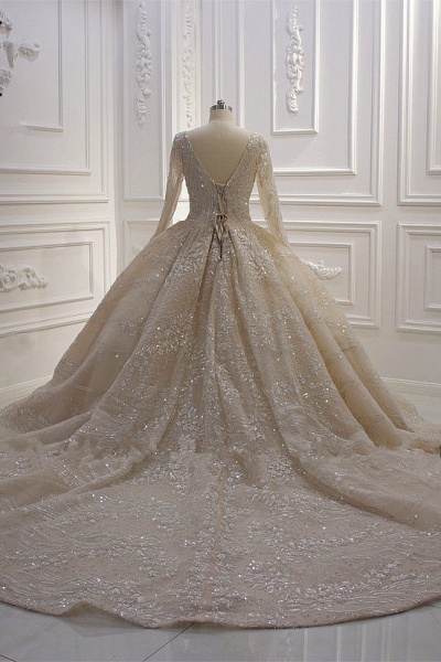 Glamorous Long Sleeve V-neck Sequin Beading Ruffles Ball Gown Wedding Dress_6