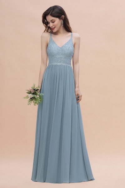 A-Line Ruched Bridesmaid Dress V-Neck Lace Chiffon Floor-length Evening Dress_6