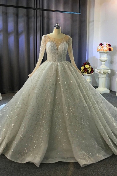 Gorgeous Bateau Crystal Long Sleeve Ruffles Floor-length Ball Gown Wedding Dress_9