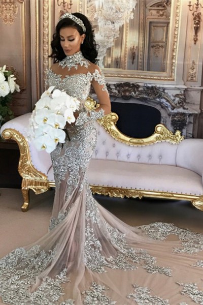 High Neck Long Sleeve Silver Lace Mermaid Luxury Wedding Dresses_2