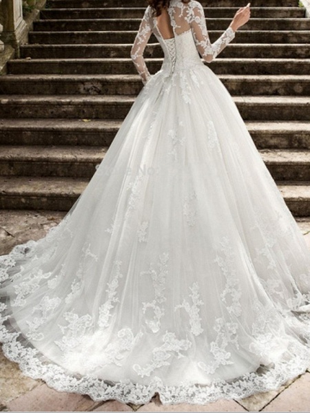 A-Line Wedding Dresses Jewel Neck Sweep \ Brush Train Tulle Long Sleeve Formal Illusion Sleeve_2