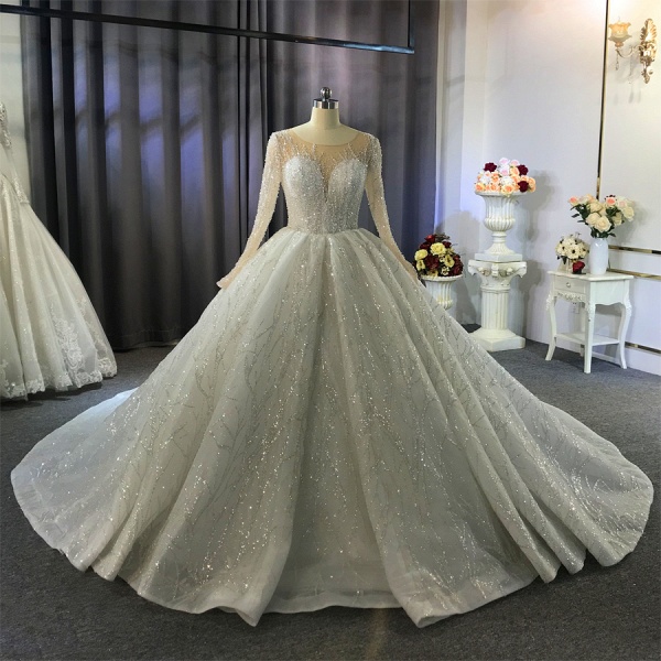 Gorgeous Bateau Crystal Long Sleeve Ruffles Floor-length Ball Gown Wedding Dress_8