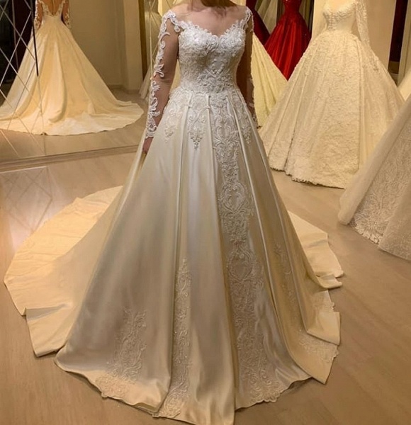 Elegant A-Line Sweetheart Long Sleeve Appliques Lace Pearl Satin Wedding Dress_2
