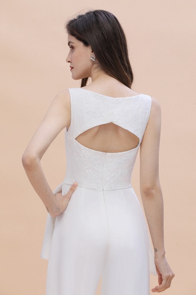 Weißes Brautjungfernkleid mit V-Ausschnitt, breiten Trägern, bodenlanger Overall mit Schärpe_8