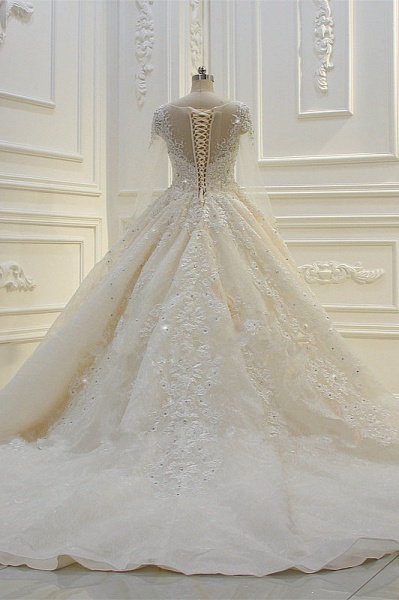Long Sleeve Beading Bateau Appliques Lace Ball Gown Wedding Dress_6
