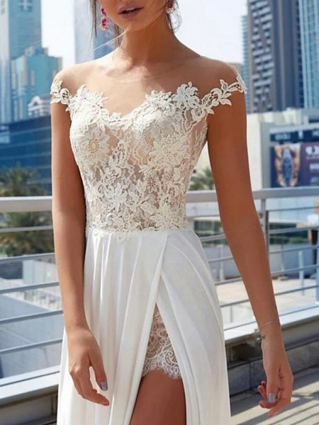 A-Line Wedding Dresses Off Shoulder Sweep \ Brush Train Lace Satin Cap Sleeve Formal Boho Plus Size_3