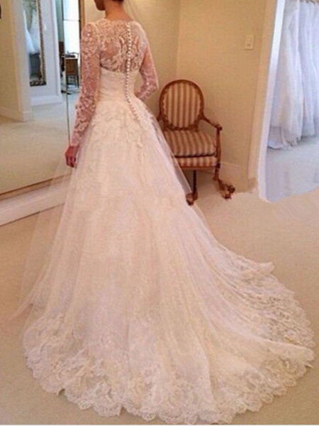 A-Line Wedding Dresses V Neck Chapel Train Lace Tulle Long Sleeve Country_2